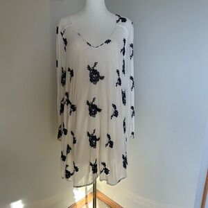 Free People White Dress with Navy Floral Embroidery